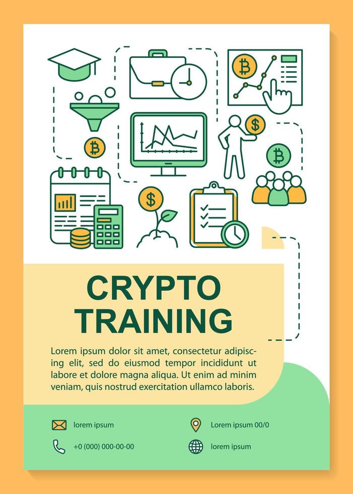 Crypto training poster template layout. Cryptocurrency trading course. Banner, booklet, leaflet print design. Virtual currency market. Vector brochure page layouts for magazines, advertising flyers