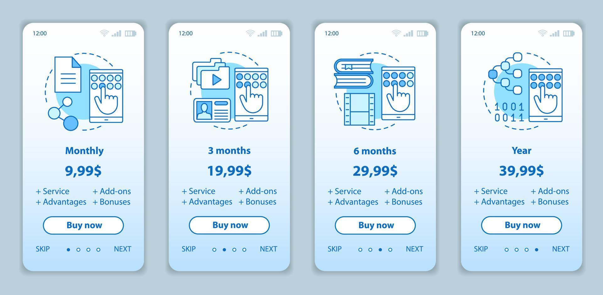 Subscription prices onboarding mobile app screens templates. Walkthrough website vector pages. Digital services costs. Tariff plans steps. Smartphone payment web page layout