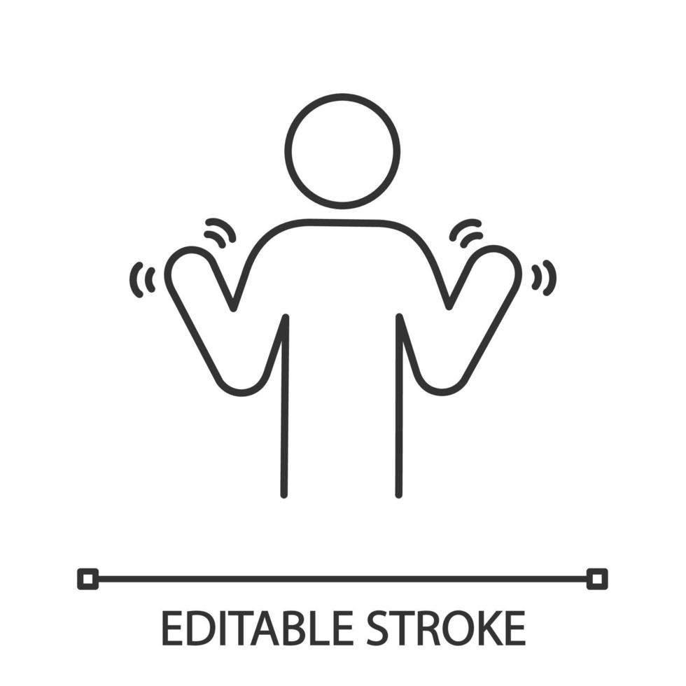 Hands tremor linear icon. Parkinson's disease. Thin line illustration. Shaky hands. Anxiety tremor. Muscle twitching. Trembling. Physiological stress symptoms. Contour symbol vector