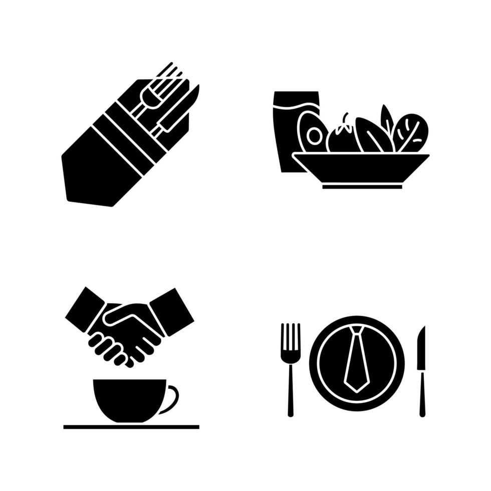 Business lunch glyph icons set. Fork and knife, salad and cold drink, partnership, business dinner. Silhouette symbols. Vector isolated illustration