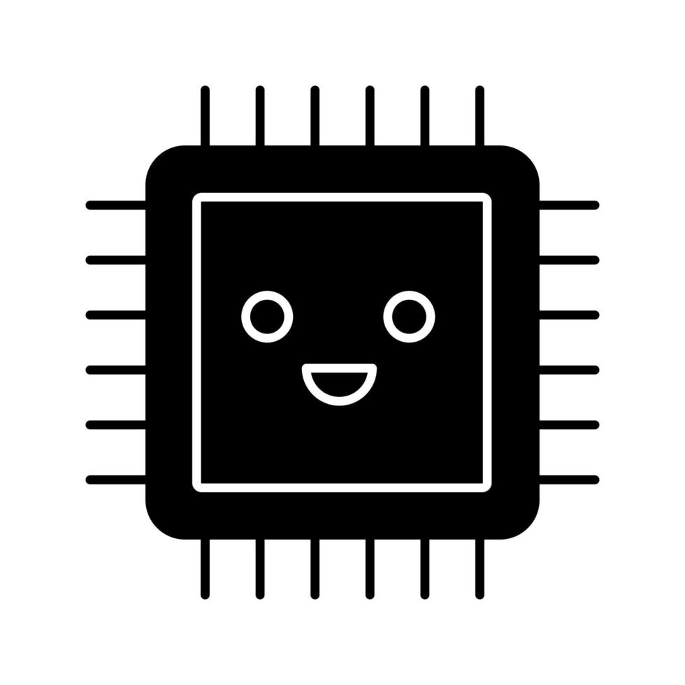 Smiling processor glyph icon. Well working microprocessor. Chip, microchip, chipset in good quality. CPU. Central processing unit. Integrated circuit. Silhouette symbol. Vector isolated illustration