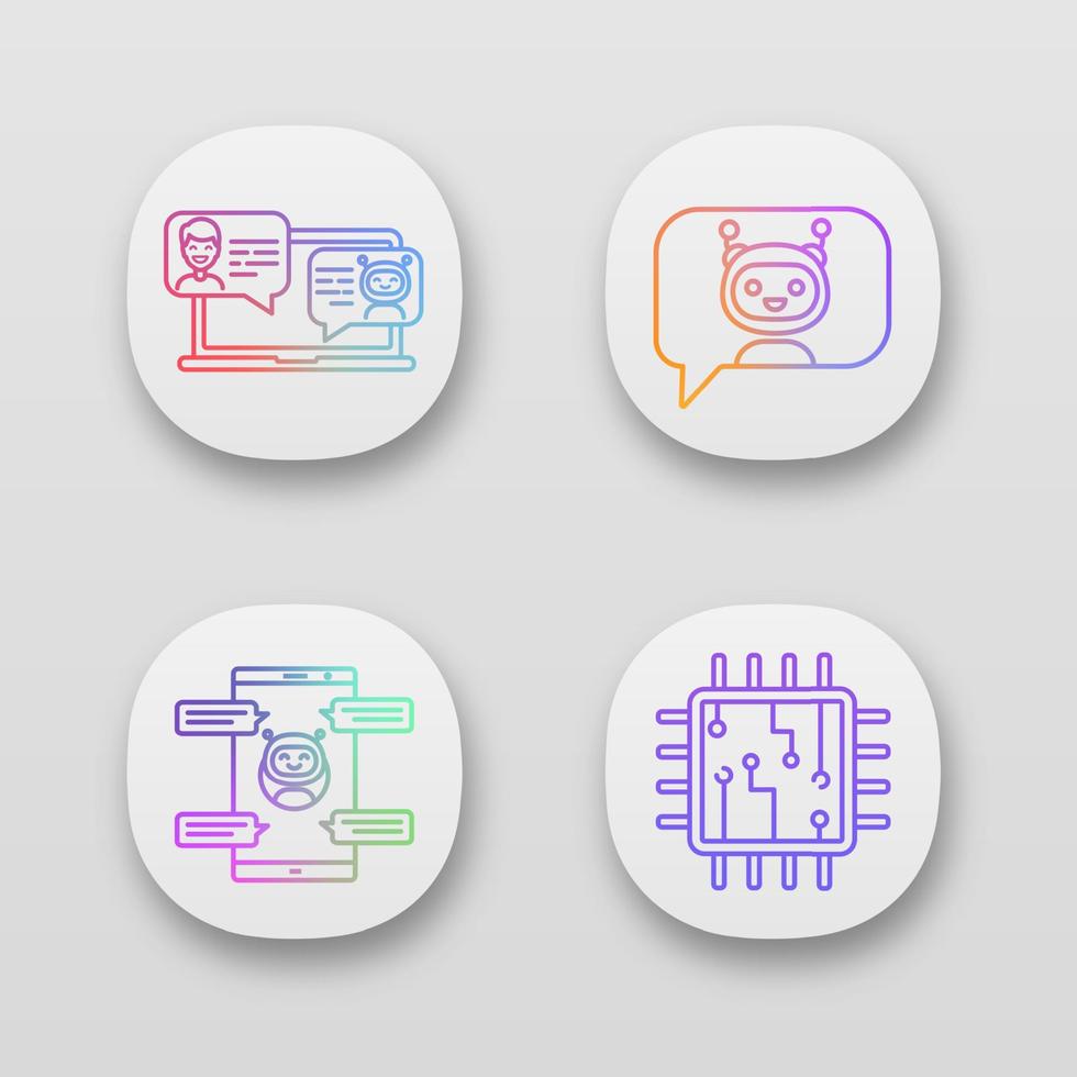 Chatbots app icons set. UI UX user interface. Virtual assistants. Messenger and chat bots. Processor. Modern robots. Smartphone chatterbots. Web or mobile applications. Vector isolated illustrations