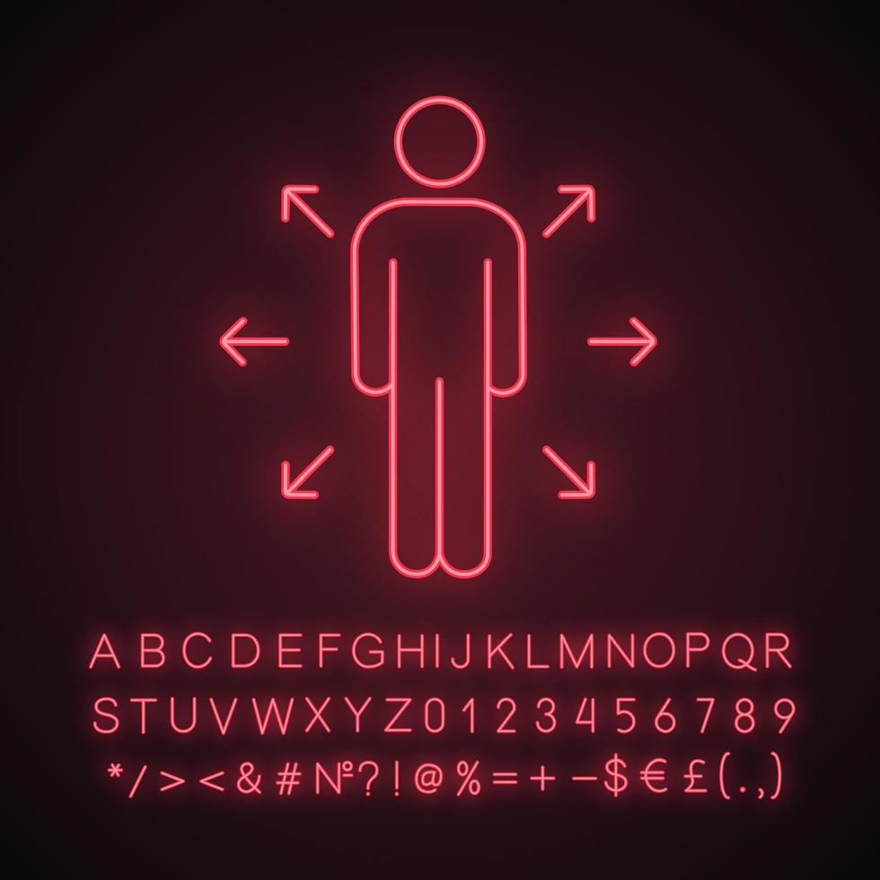 Decision management neon light icon. Key person. Channels of communication. Leader. Career opportunities. Person with arrows. Glowing sign with alphabet, numbers. Vector isolated illustration