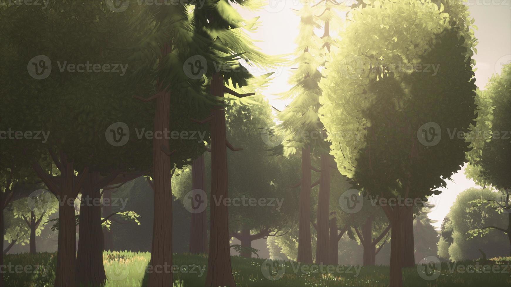 Cartoon Green Forest Landscape with Trees and flowers photo