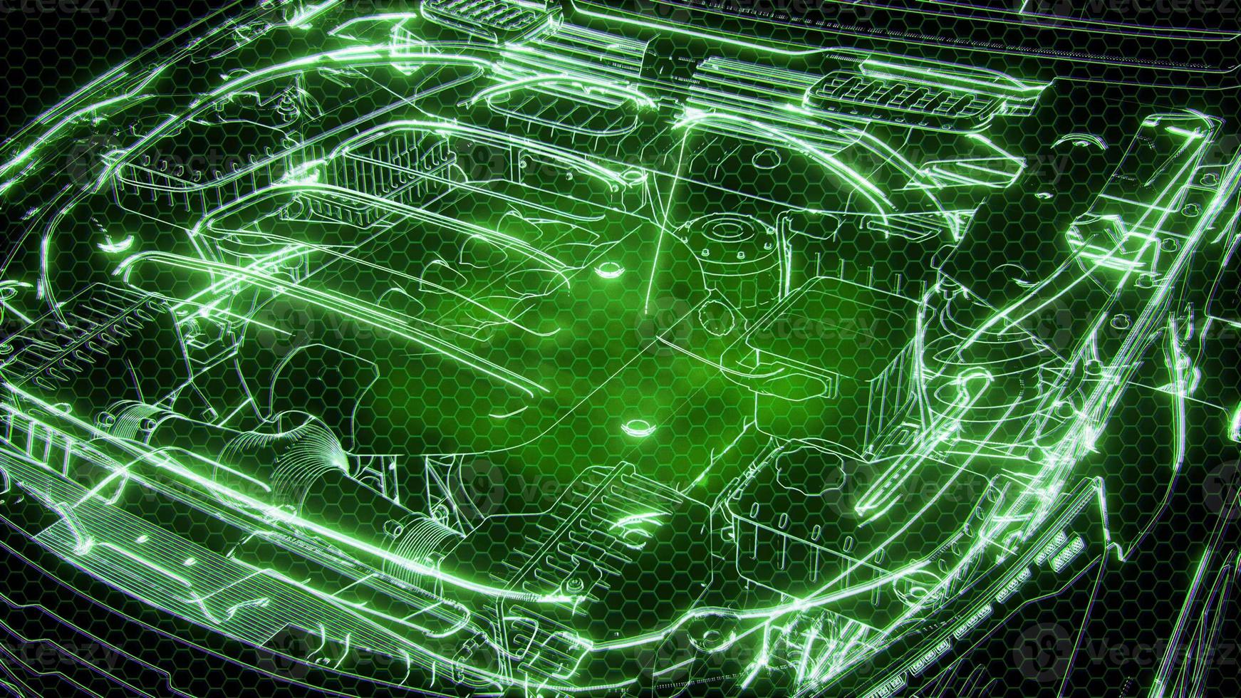 Holographic animation of 3D wireframe car model with engine photo