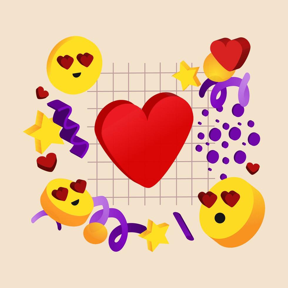 Abstract colorful background with geometric elements on the theme of love and Valentine's day with emoticons and hearts. Vector illustration for banner, website and your design