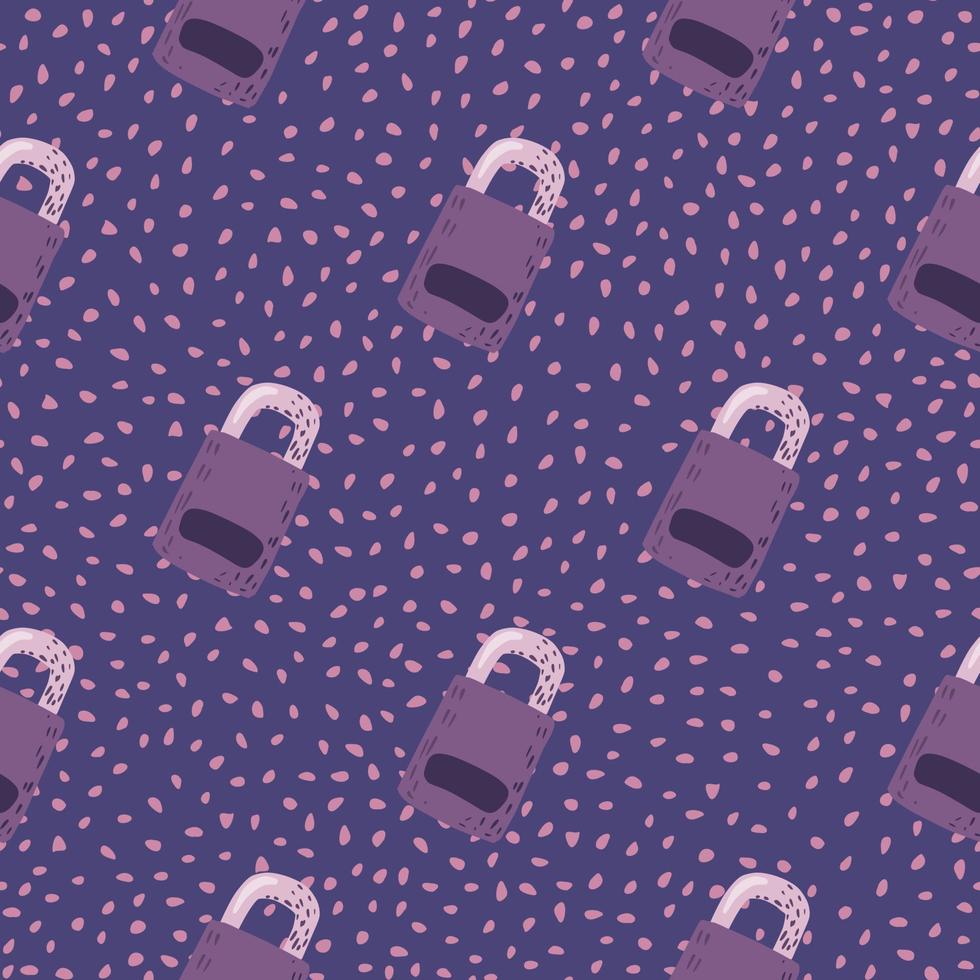 Lock door silhouettes seamless doodle pattern. Stylized security graphic ornament in purple color on navy blue dotted background. vector