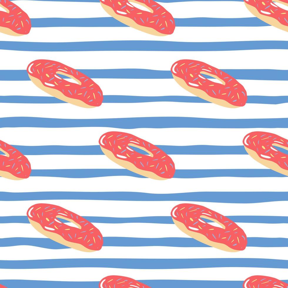 Pink donuts silhouettes stylized seamless pattern. Stripped background with white and blue lines. Tasty print. vector