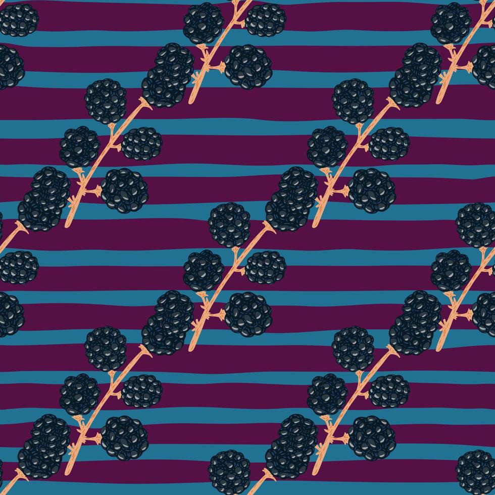 Summer food seamless pattern with hand drawn balckberry ornament. Putple and blue striped background. vector