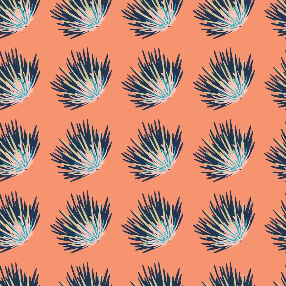 Spring creative seamless bush pattern. Blue tones botanic ornament on coral light background. vector