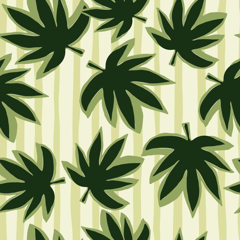Random green cannabis leaves seamless pattern. White stripped background. vector