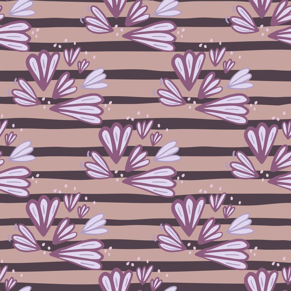 Seamless pattern with blue light flower figures. Purple contoured ornament on beige and brown stripped background. vector