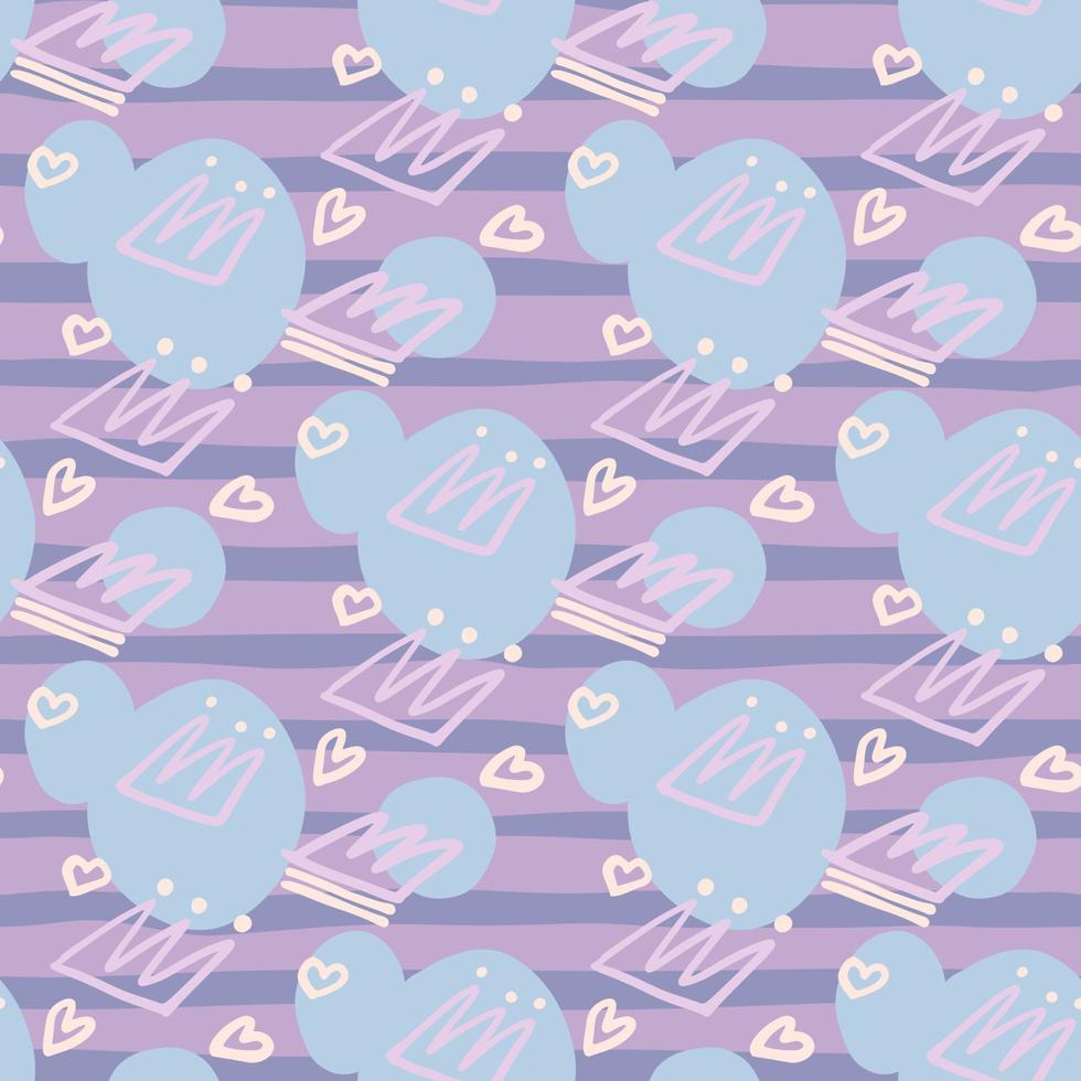 Soft pastel palette seamless hand drawn pattern with crowns and hearts. Light outline elements on purple stripped background with blue splashes. vector