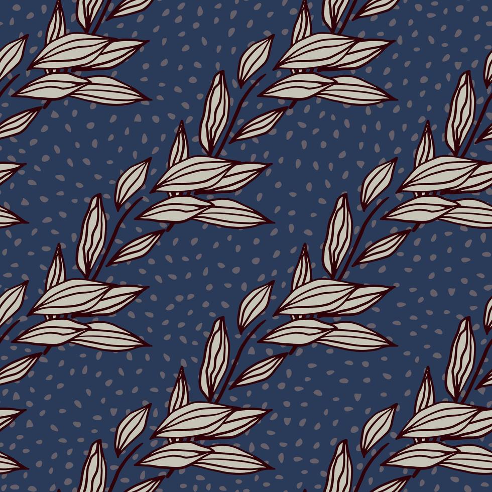 Foliage outline abstract seamless pattern. Purple contoured botanic ornament on navy blue background with dots. vector