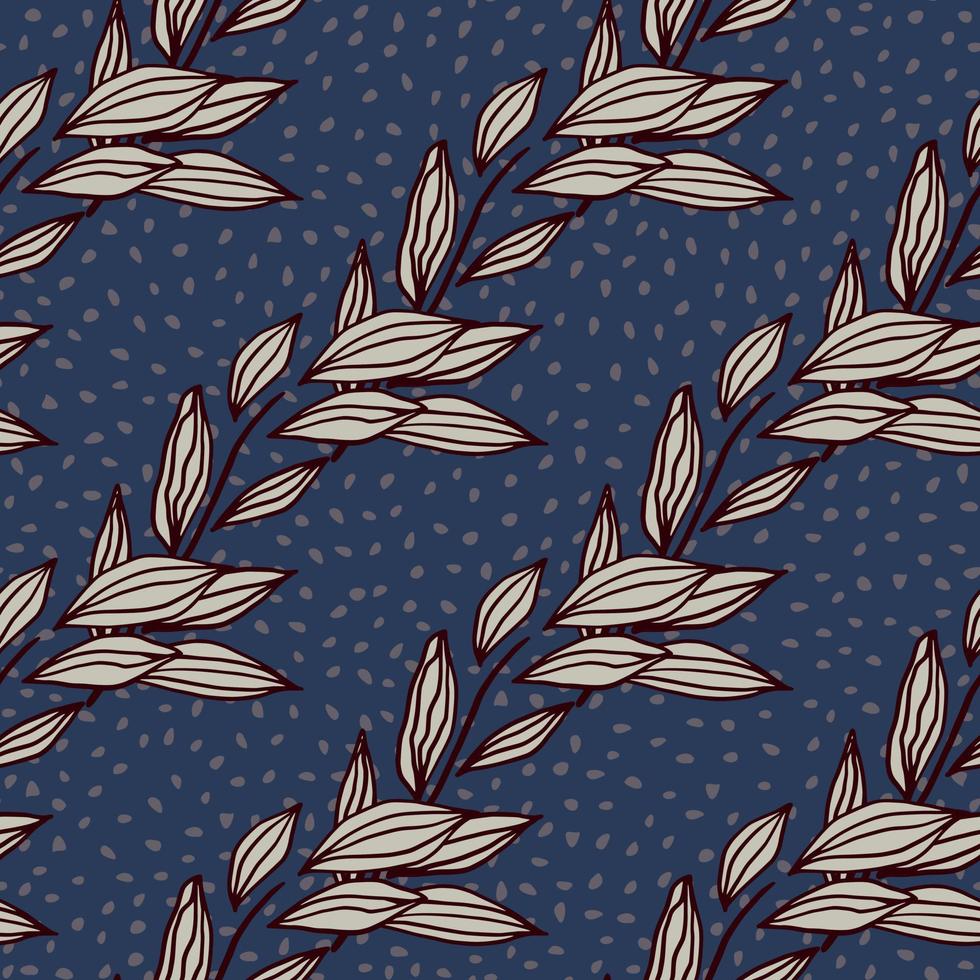 Foliage outline abstract seamless pattern. Purple contoured botanic ornament on navy blue background with dots. vector