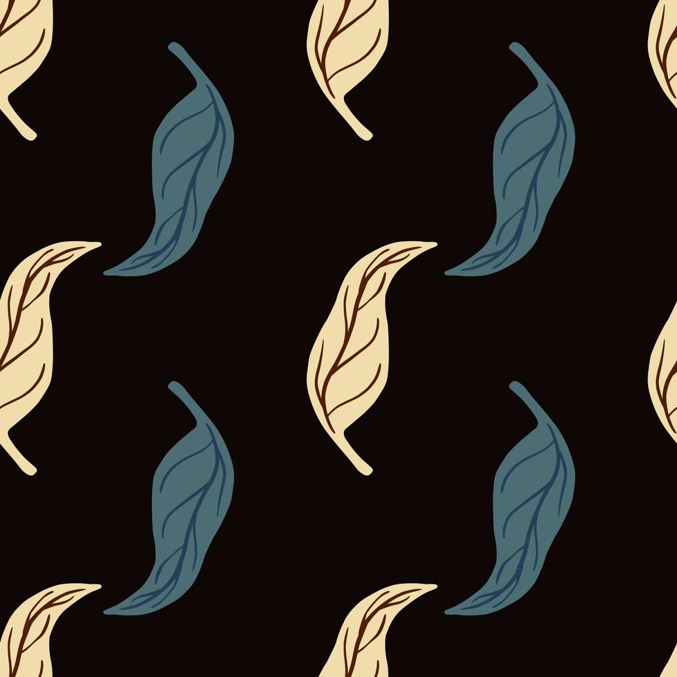 Contrast seamless pattern with natural blue and beige tangerine leaves shapes. Black background. vector