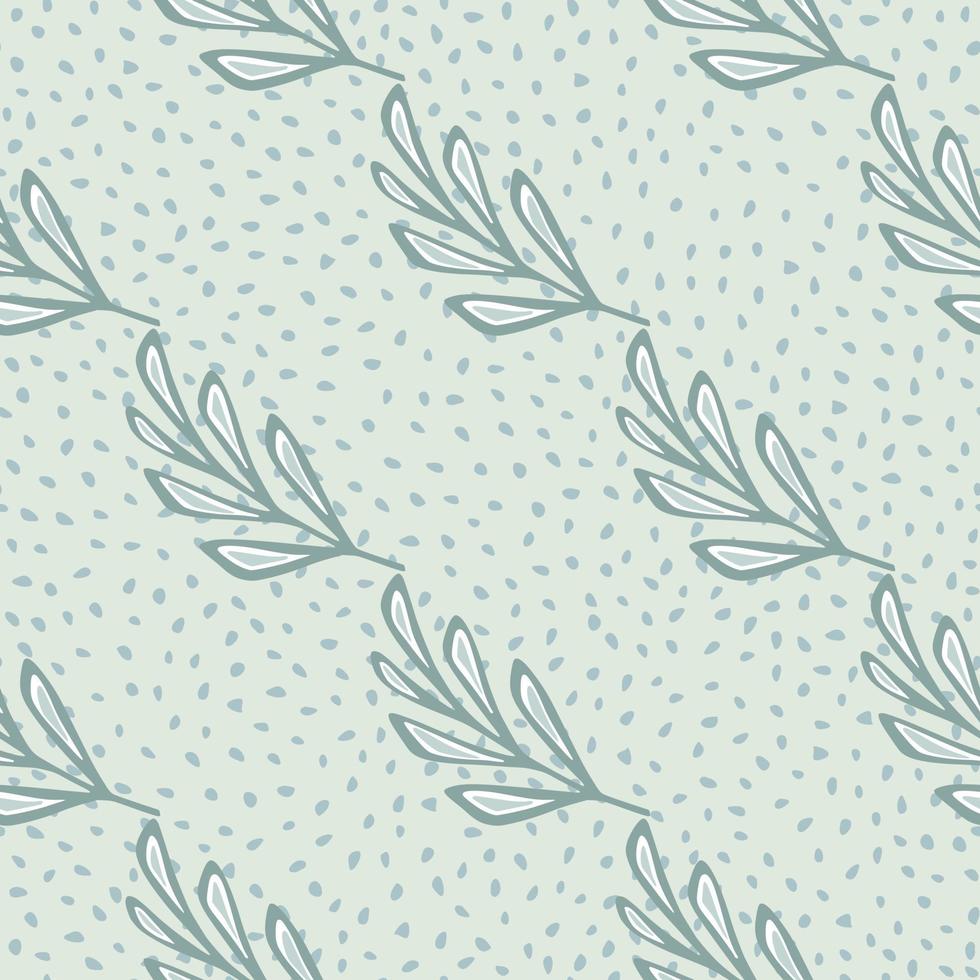 Floral seamless pattern with outline leaf branches shapes. Light blue dotted background. Hand drawn style. vector