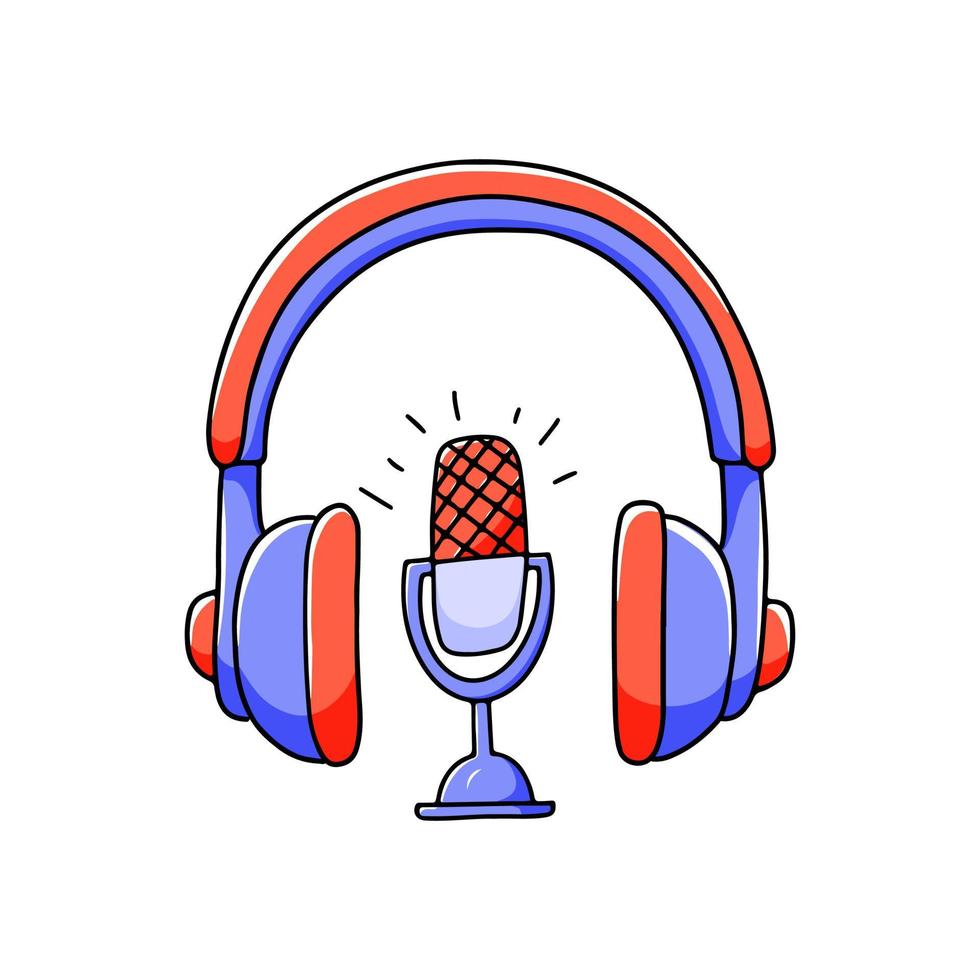 Concept for a podcast. Hand drawn microphone and headphone icons. Vector doodle illustration