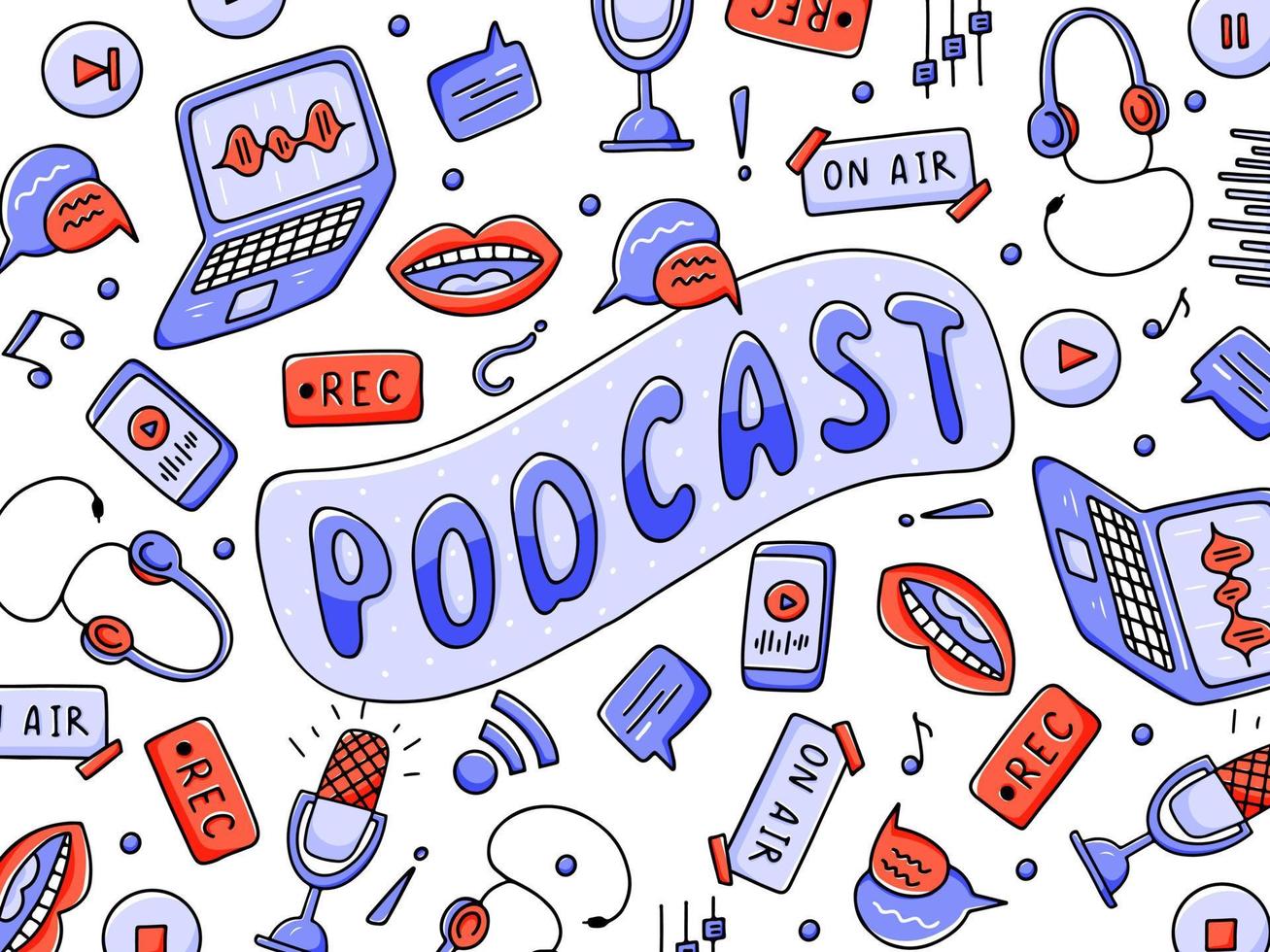 plantilla de banner de podcast. concepto de radiodifusión. ilustración vectorial dibujada a mano con elementos de fideos aislados vector