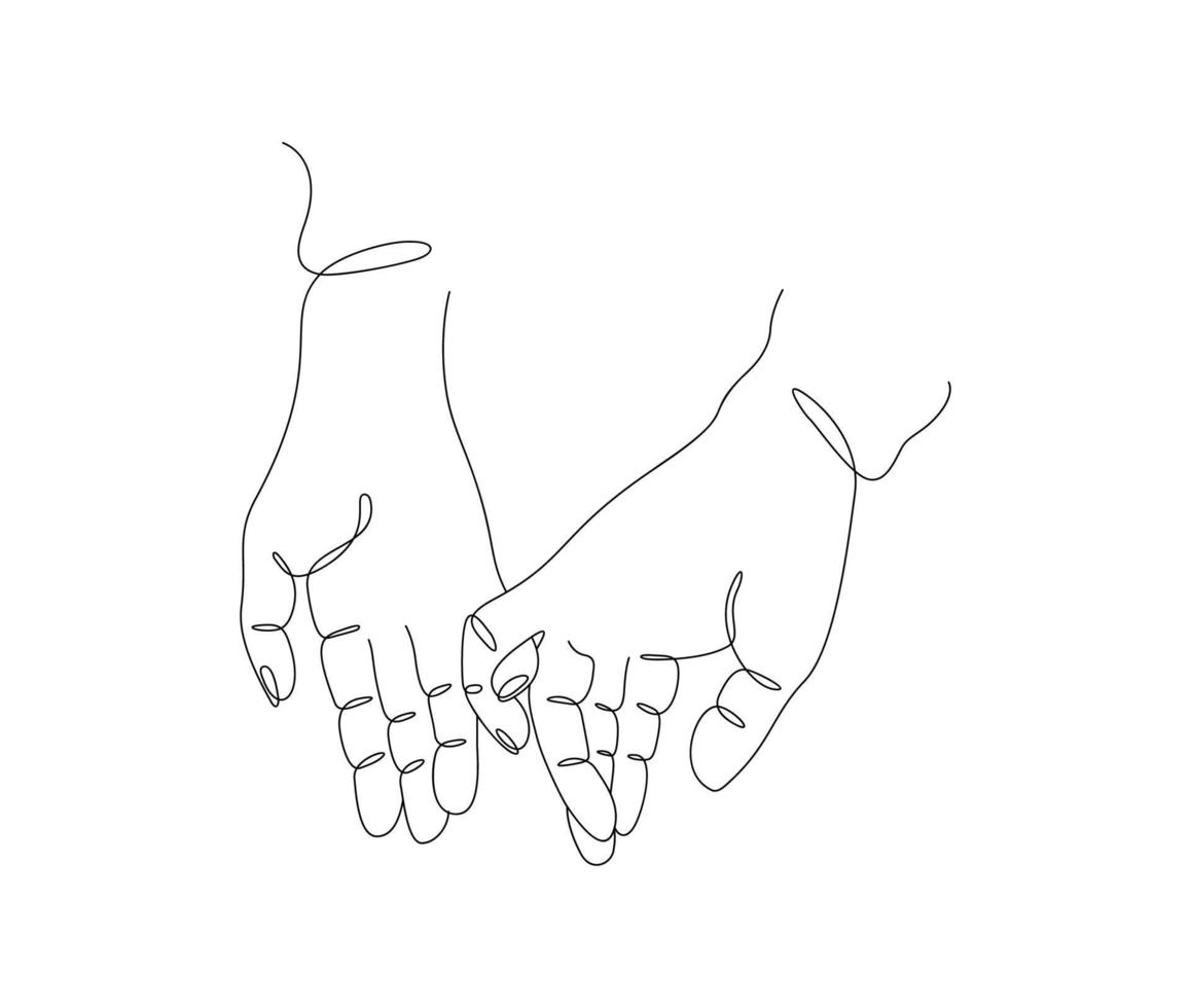 One continuous Valentine single drawing line art doodle couple hands love, boy and girl, man and woman, husband and wife. Isolated image hand drawn contour on white. concept of family happiness vector