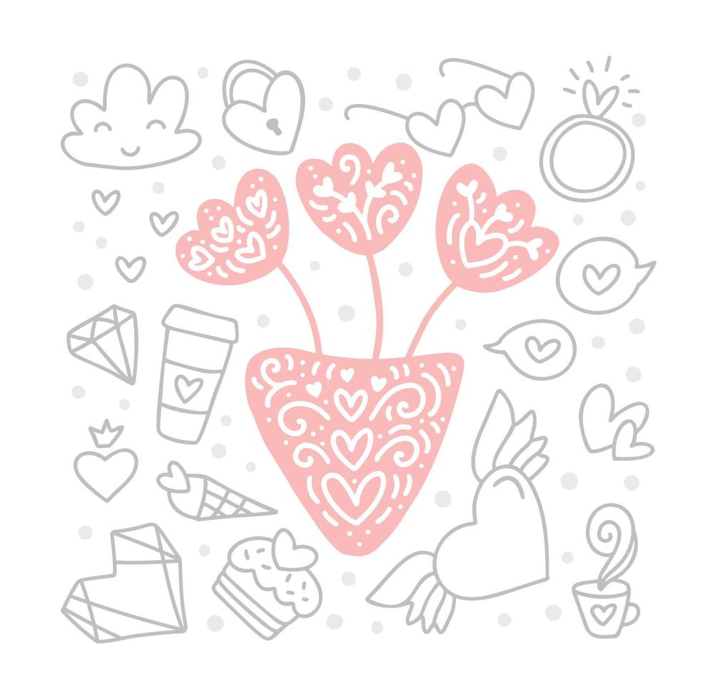 elementos vectoriales de garabatos vintage y jarrón con flores en el centro para el día de san valentín. corazón de amor dibujado a mano, diamante, anillo, pastel, taza. tarjeta de felicitación de cita de ilustración romántica vector