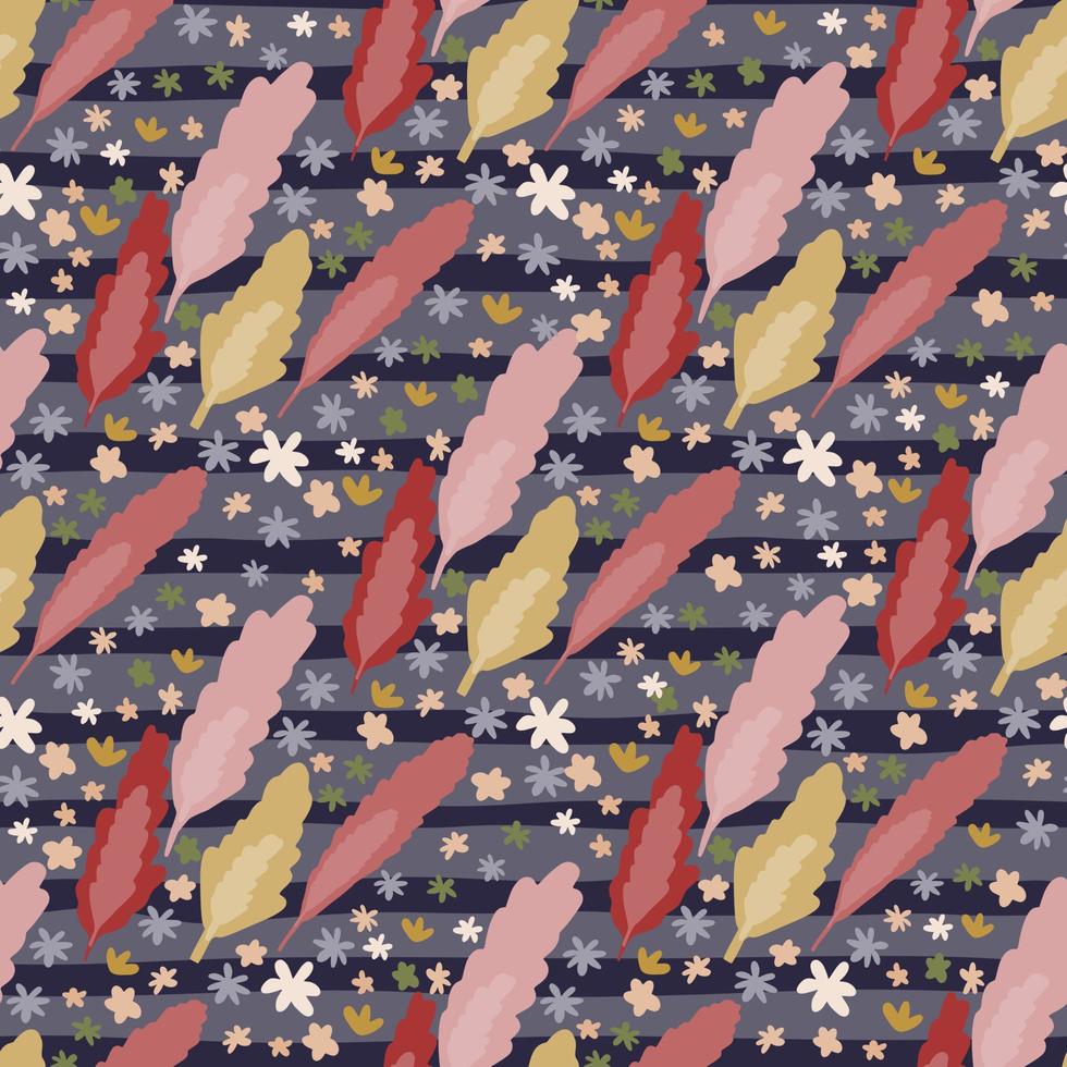 Bright seamless doodle pattern with tree leaves and little flowers. Navy blue stripped background and foliage in pink, yellow and burgundy tones. vector