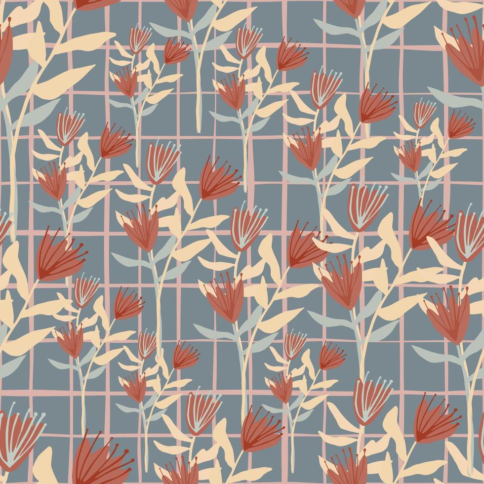 Random seamless pattern with pastel flower silhouettes. Soft blue background with check. Red and beige tones botanic ornament. vector