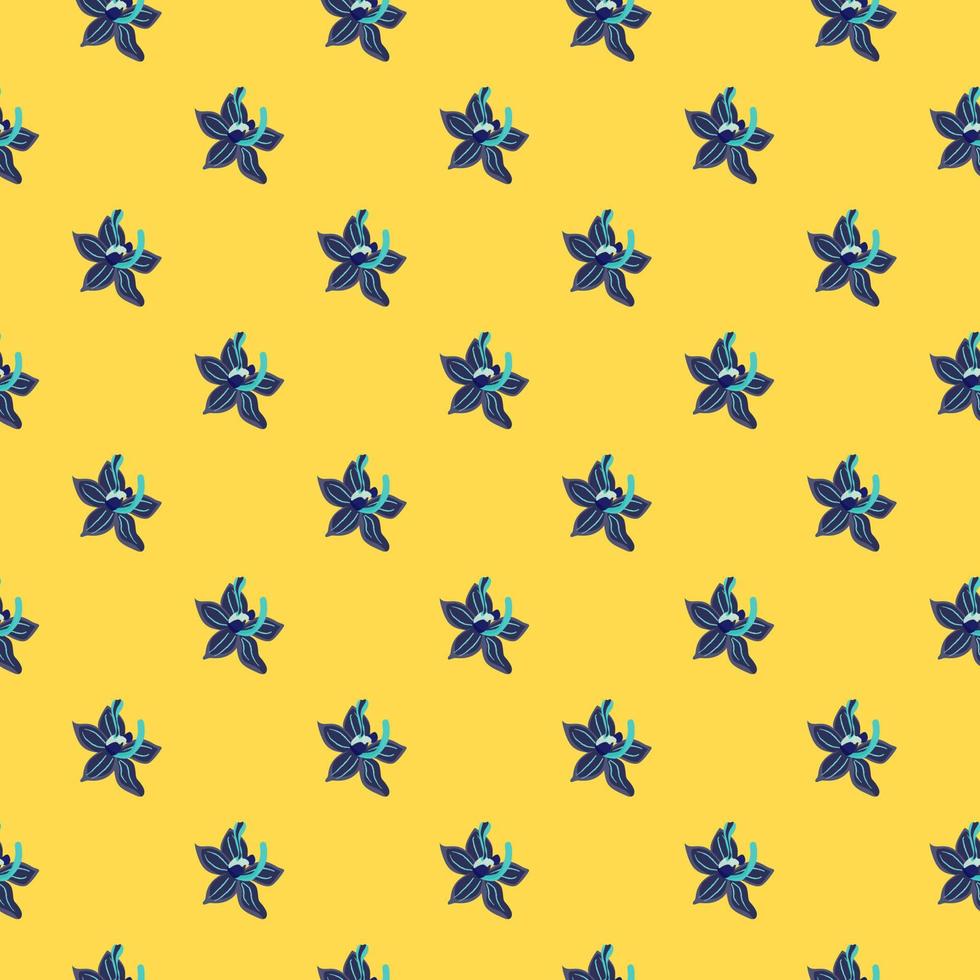 Navy blue hand drawn orchid flowers seamless doodle pattern. Yellow background. Simple style. vector