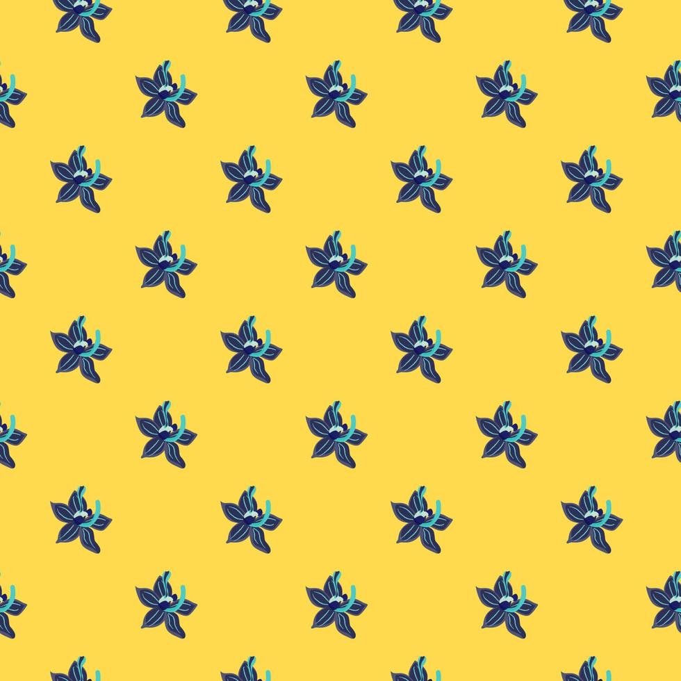 patrón de garabato sin costuras de flores de orquídeas dibujadas a mano azul marino. fondo amarillo estilo simple. vector