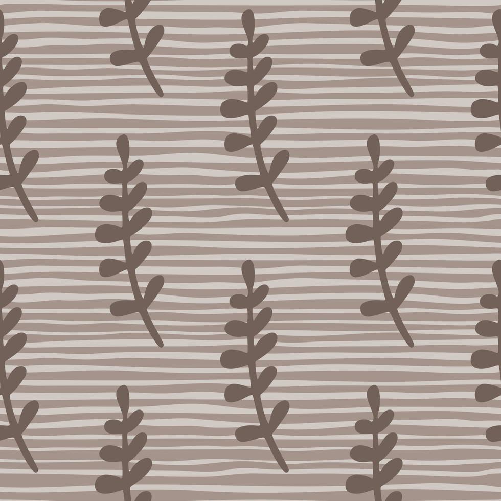 Doodle seamless pattern with brown branches shapes ornament. Striped background. Simple style. vector