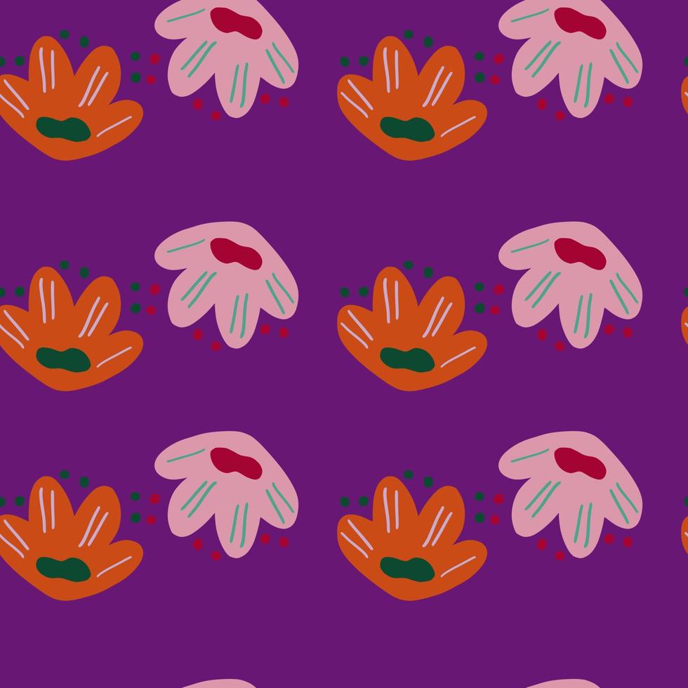 Modern seamless pattern with orange and pink doodle flowers elements. Purple background. Bright print. vector