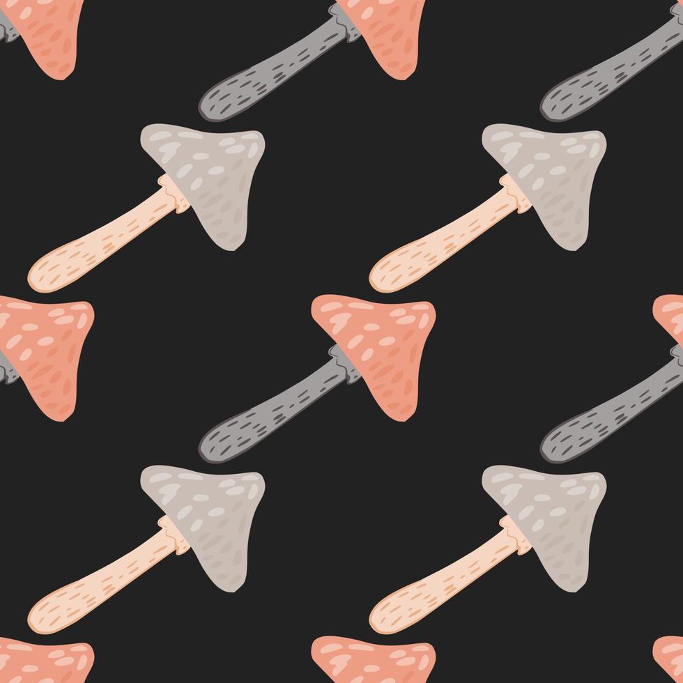 Contrast seamless doodle pattern with red and purple light mushroom silhouettes. Black background. vector