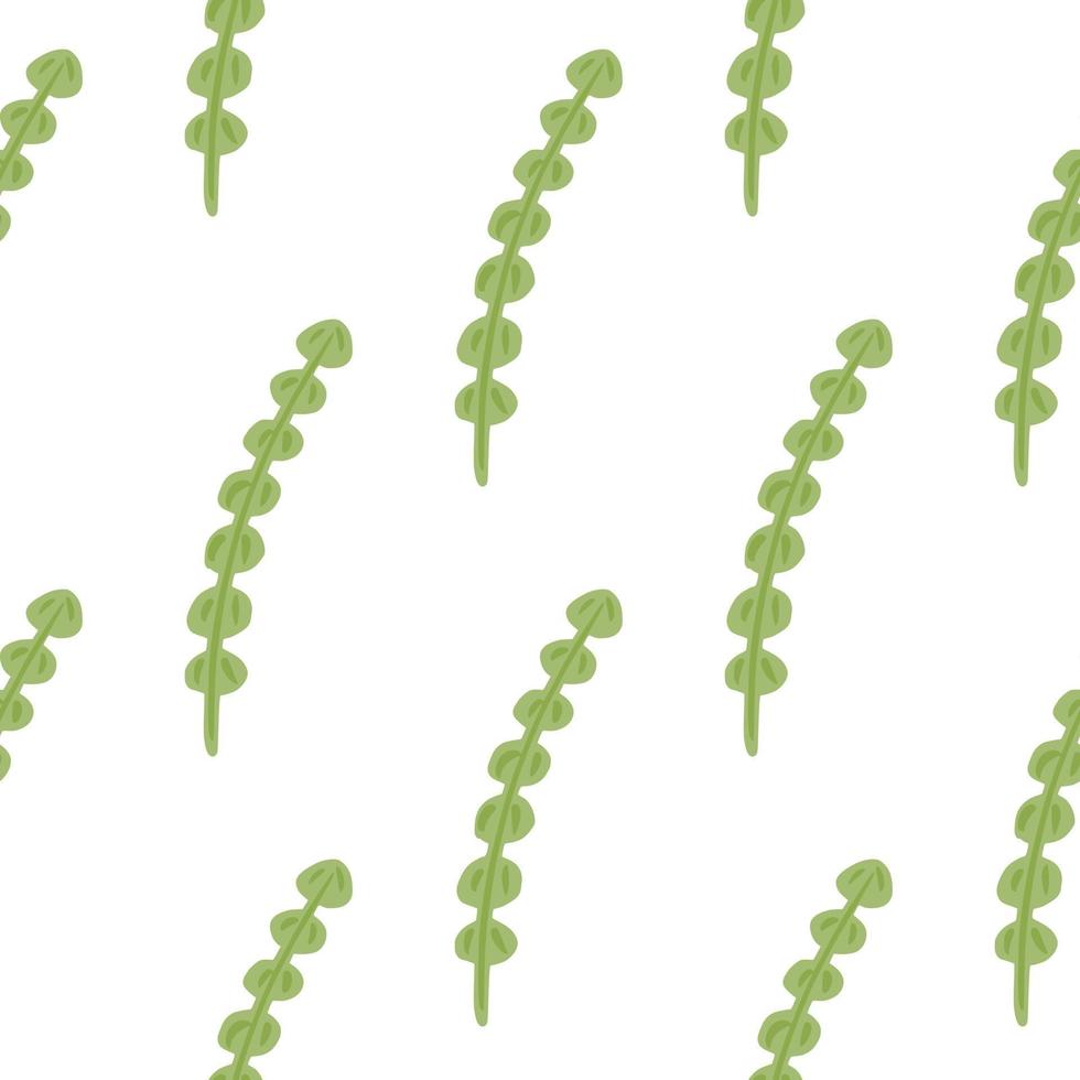 Isolated seamless pattern with green doodle seaweed silhouettes ornament. White background. vector