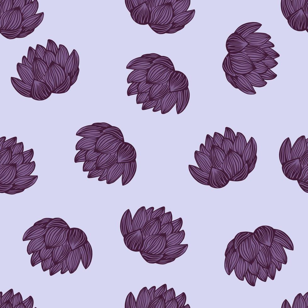 flores de loto contorneadas de color púrpura patrón sin costuras de impresión aleatoria. doodle fondo floral con fondo claro. vector