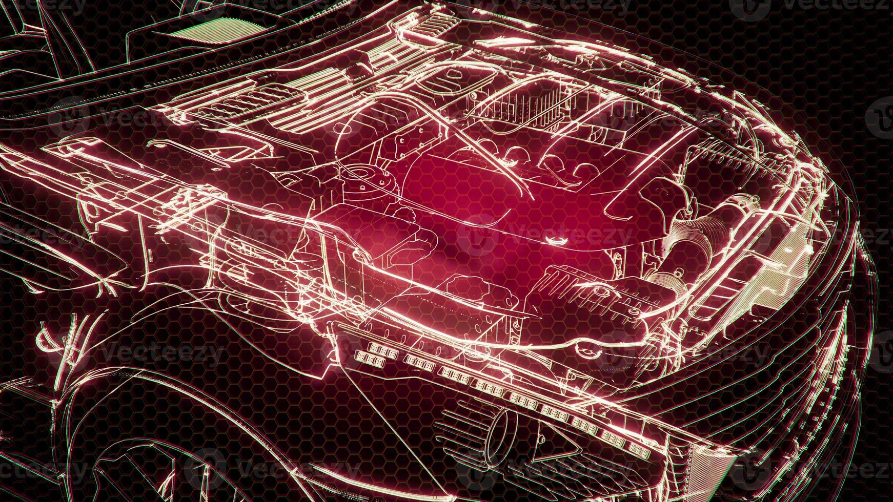 Holographic animation of 3D wireframe car model with engine photo