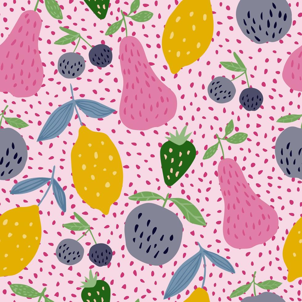 Seamless pattern with summer fruits. Cherry berries, apples, lemons, pears and leaves vector