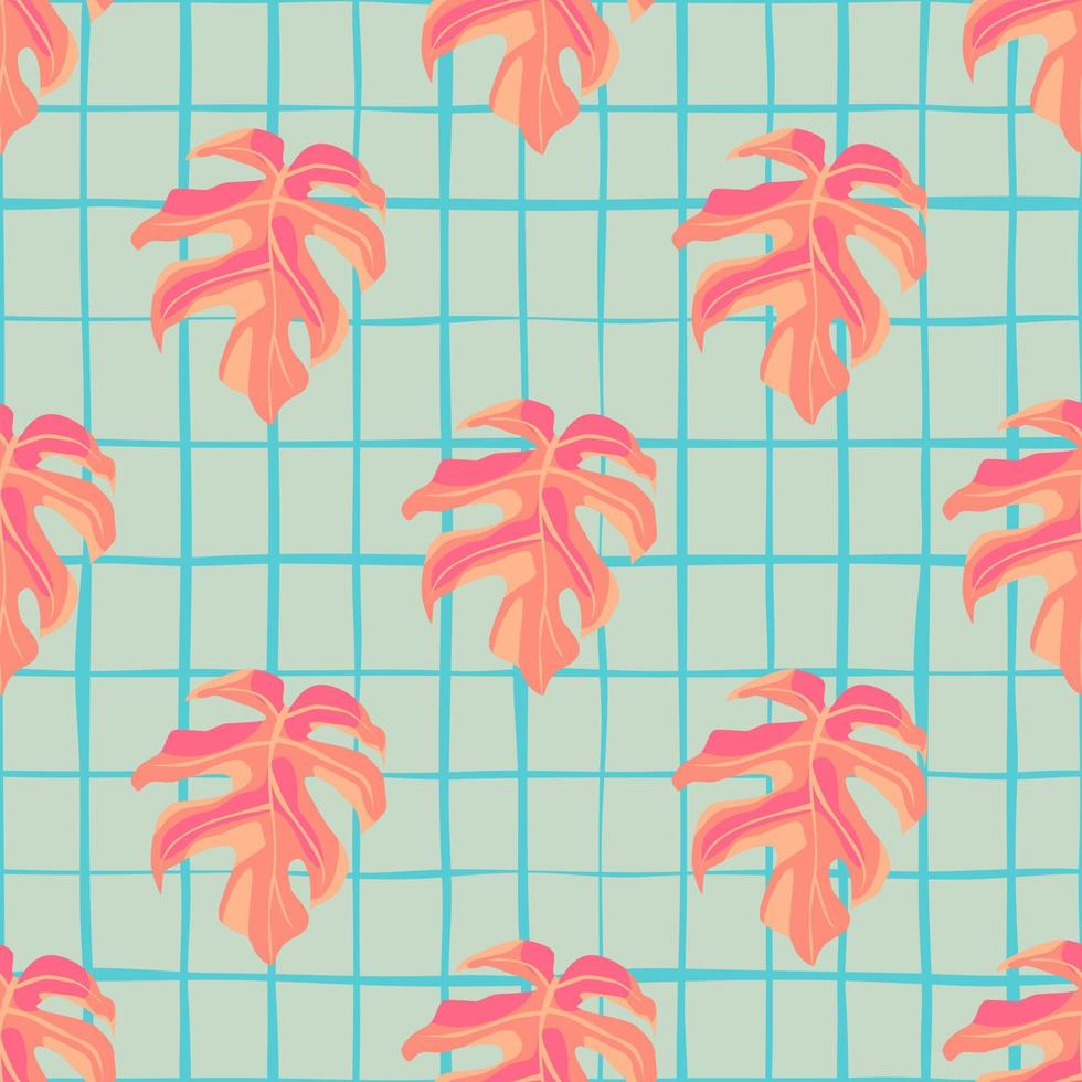 Pink monstera silhouettes seamless pastel pattern. Blue background with check. Creative tropical print. vector