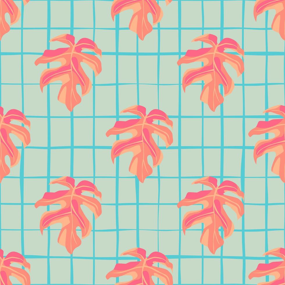 Pink monstera silhouettes seamless pastel pattern. Blue background with check. Creative tropical print. vector