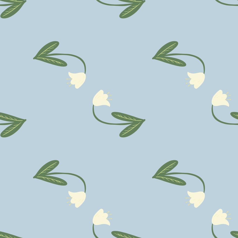 Spring seamless pattern with campanula flower silhouettes. Green stems and white buds on blue background. vector