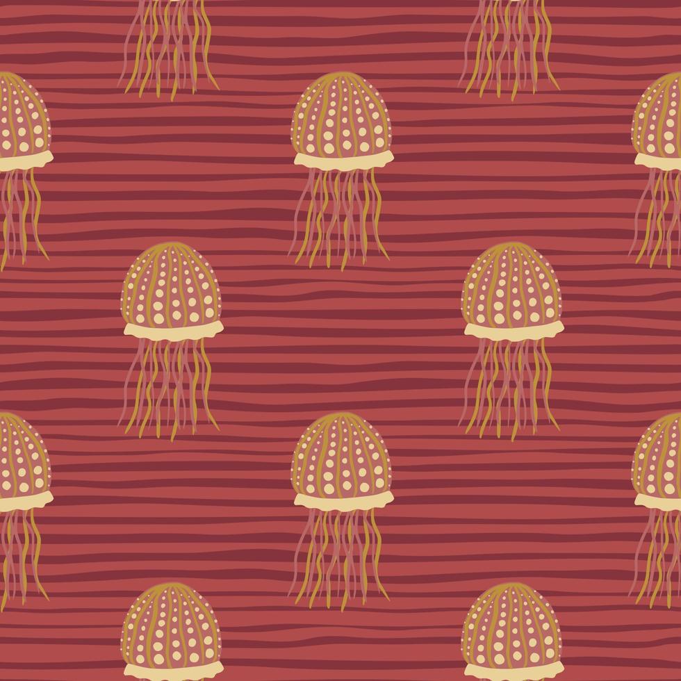 Orange jellyfish silhouettes seamless pattern. Stripped background. Hand drawn planktone abstract artwork. vector