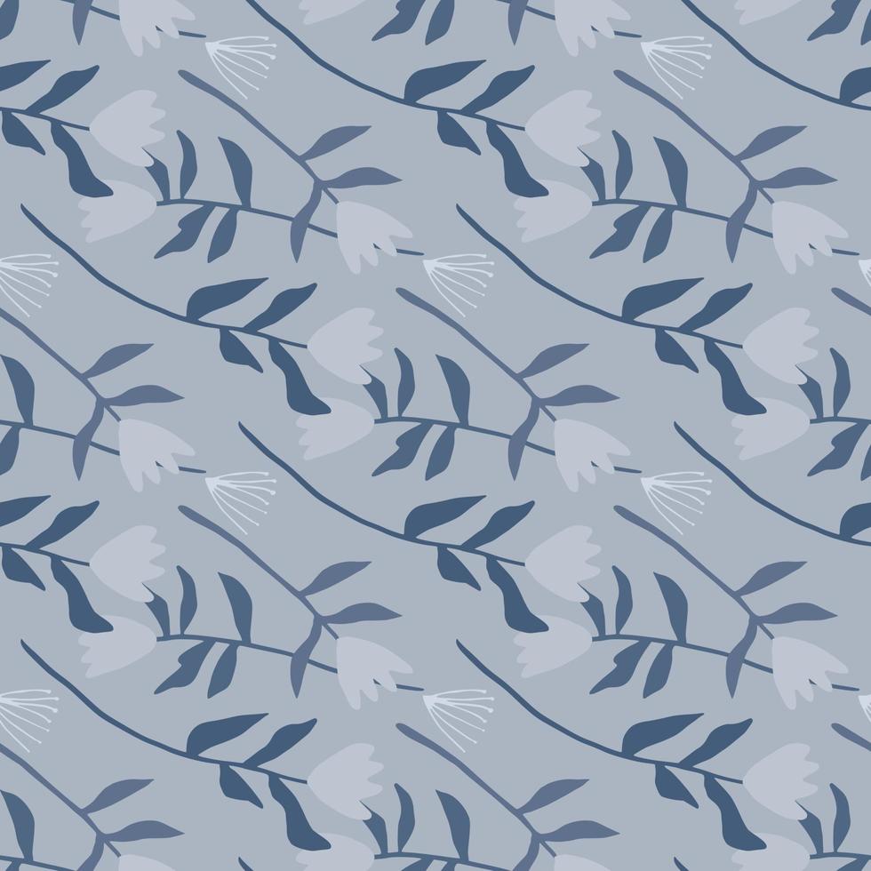 Seamless pale pattern with tulip hand drawn ornament. Flowers in navy blue color on light grey background. vector