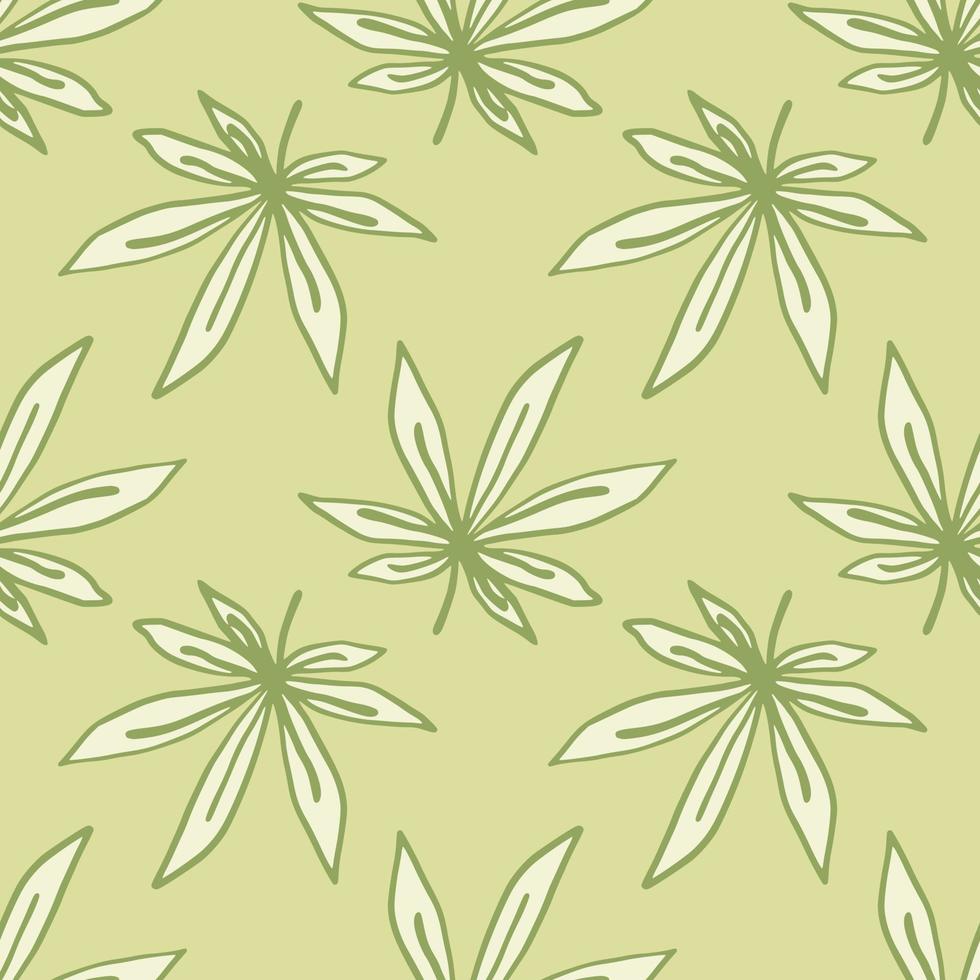 Doodle seamless ganja ornament pattern. Artwork in pastel palette. Light green contoured leafs and beige background. vector