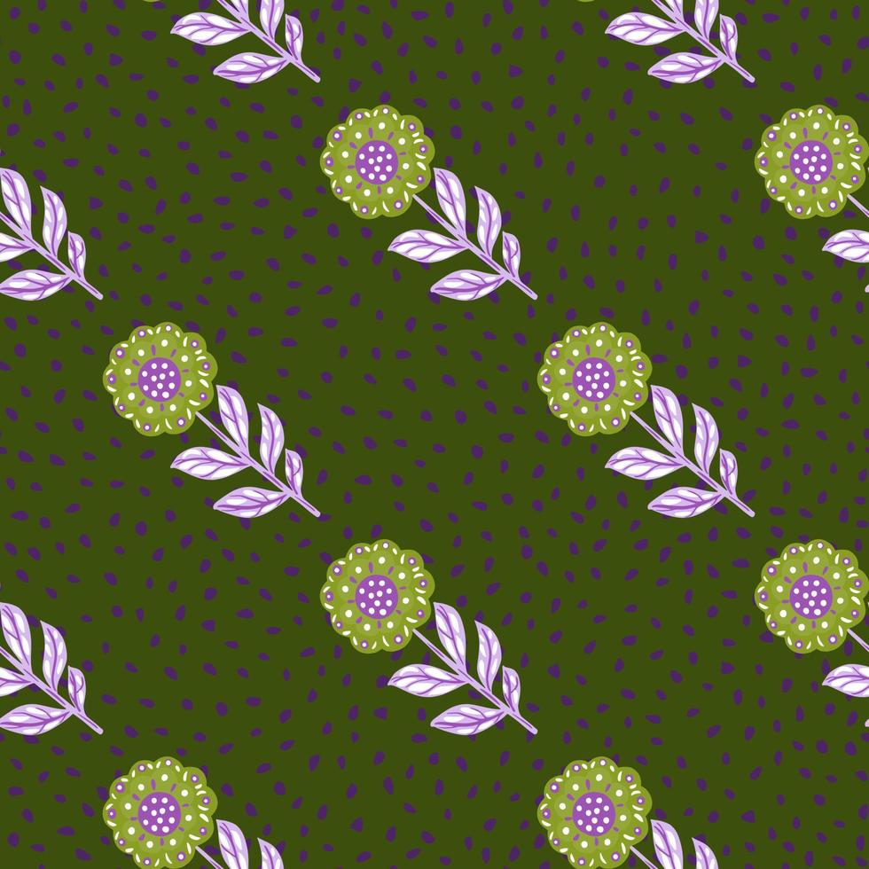 Creative seamless pattern with hand drawn flowers ornament. Green dotted background. Simple style. vector