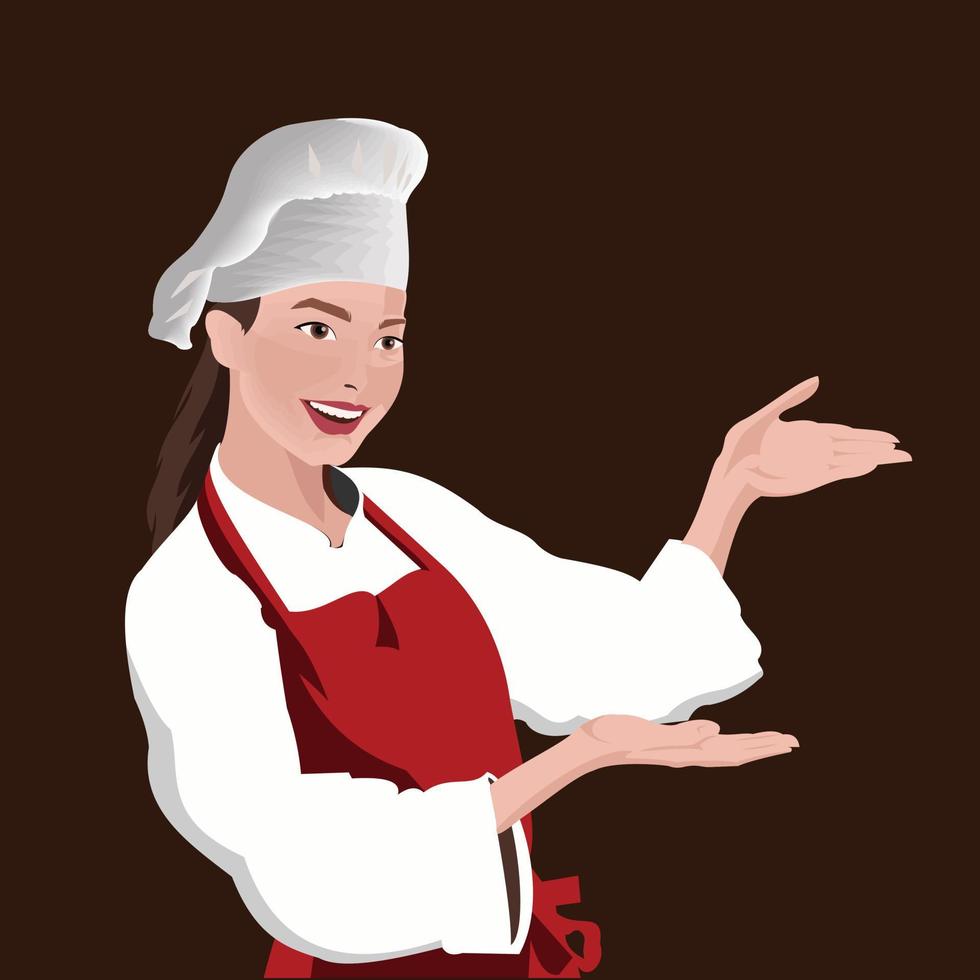 una mujer chef con un abrigo blanco, un delantal rojo y una campana de cocina en la cabeza mientras sonríe vector