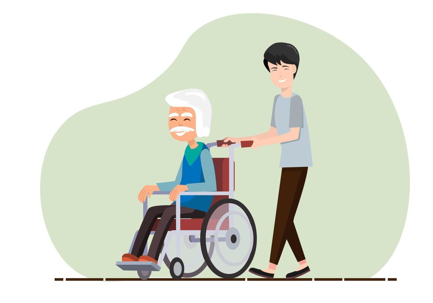 The son takes care of his father who cannot walk. Must be wheelchair Elderly health care concept vector