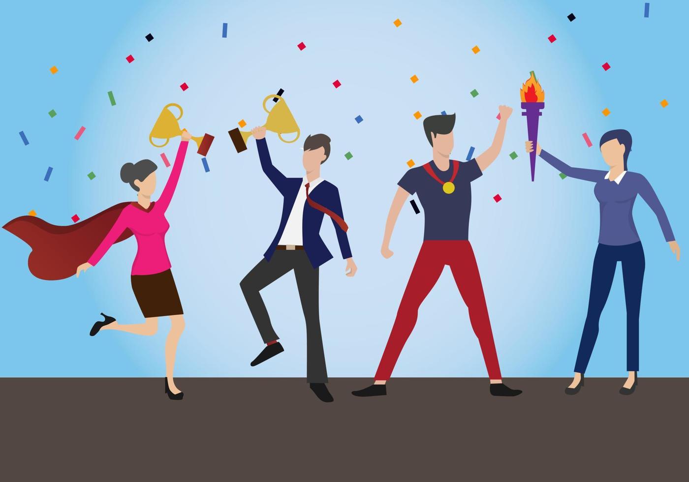 Successful business team male and female characters congratulate success There are trophies and medals. Victory concept teamwork cartoon flat vector illustration
