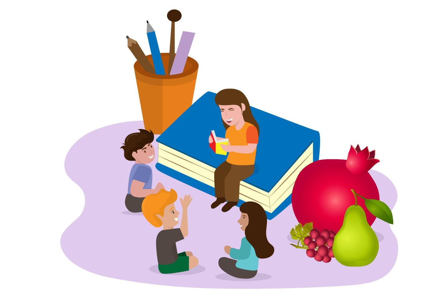 Female teacher teaching about fruit With lovely boys and girls having fun together vector