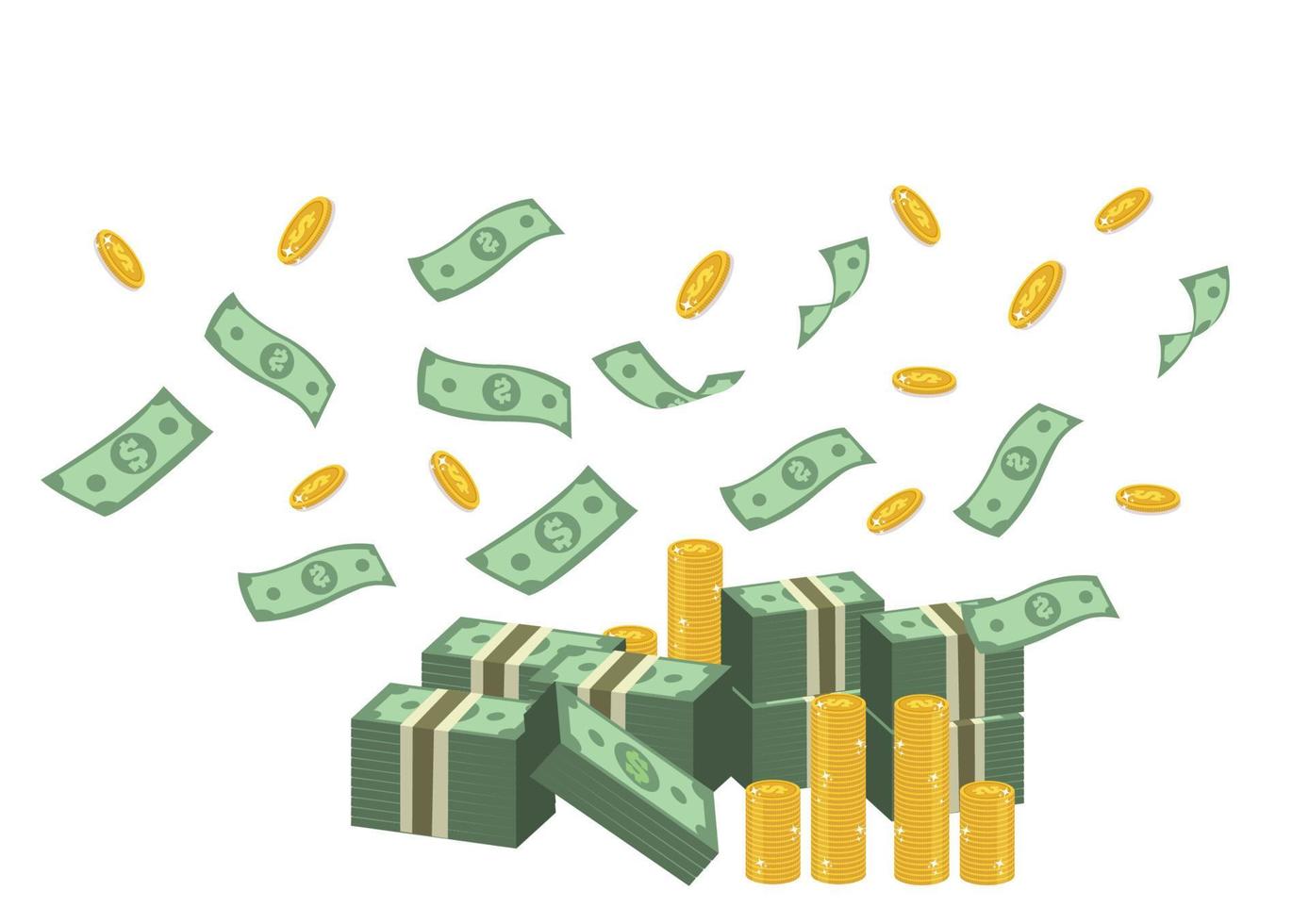 Stack of money.Tie it up with flying dollars and rolling gold coins.Heaps of green bills and coins on a white background. vector