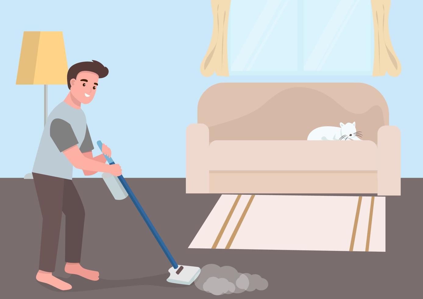 The husband cleans the house using a vacuum cleaner. House cleaning vector flat style cartoon illustration