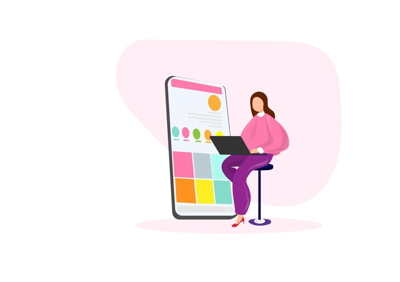 Cloud database content layout concept, young woman uploading data to display to social media, colorful flat vector illustration